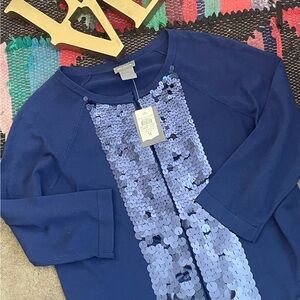 Ann Taylor Blue Cardigan Large Sequins Accent 3/4 Sleeves